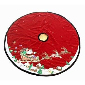 Christmas Tree Skirt Santa Sleigh Reindeer Xmas Eve Jeweled Sequin Red Velvet